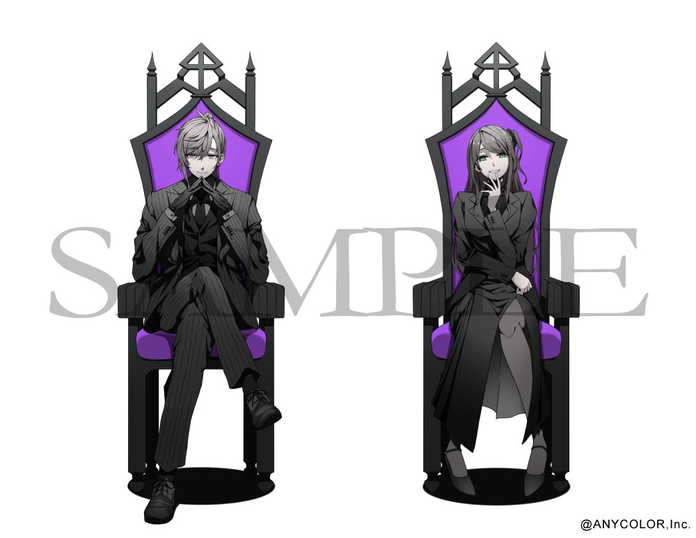 1boy, 1girl, akabane_youko, closed_mouth, collared_shirt, copyright_notice, cross-laced_footwear, full_body