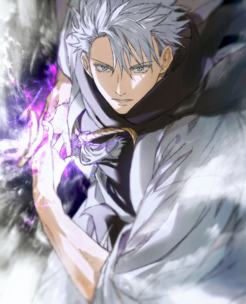 1boy, absurdres, black_scarf, blue_eyes, gojou_satoru, highres, incoming_attack, jujutsu_kaisen