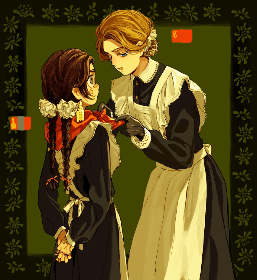2girls, adjusting_another's_clothes, apron, arms_behind_back, bandaid, bandaid_on_face, bandaid_on_nose, black_hair