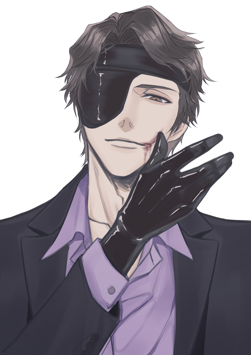 1boy, absurdres, aizen_sousuke, black_gloves, black_jacket, bleach, blood, blood_on_face