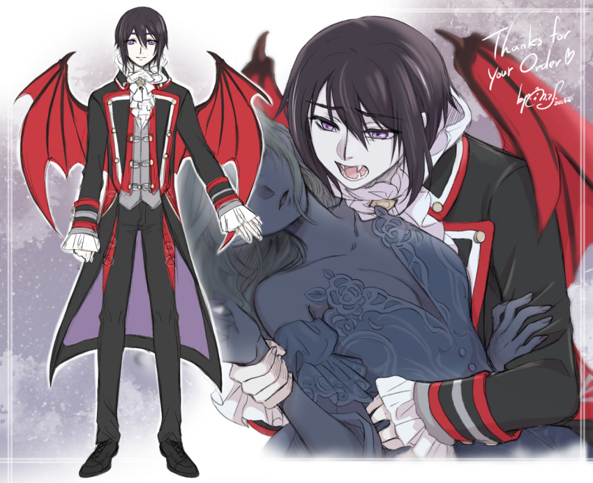 1boy, 1girl, alpaca_connect, arm_at_side, bat_wings, biting, black_coat, black_footwear