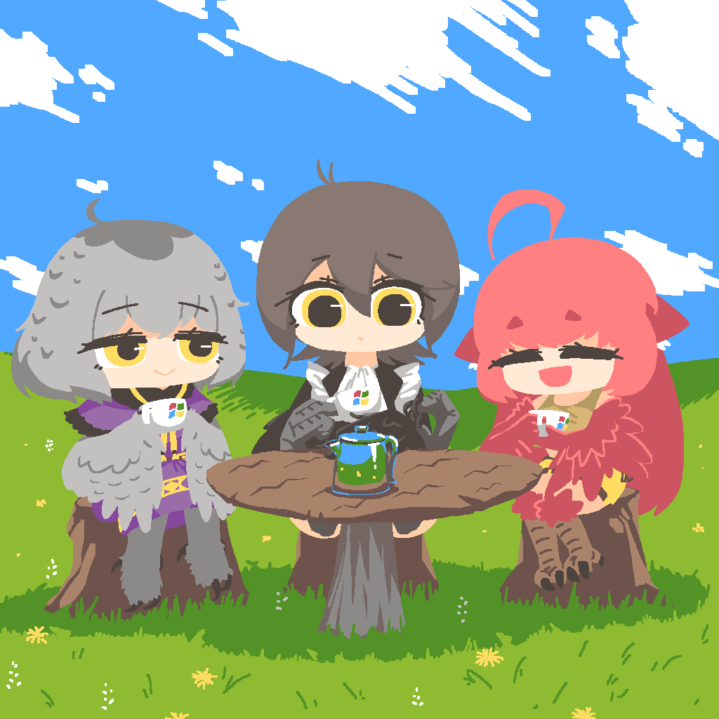 3girls, ahoge, bird_legs, bliss_(image), borrowed_character, brown_tank_top, claws, closed_eyes