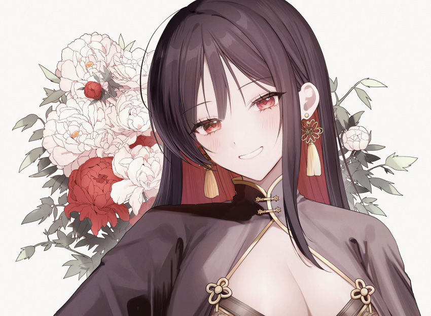 1girl, absurdres, black_hair, bouquet, breasts, dress, earrings, flower