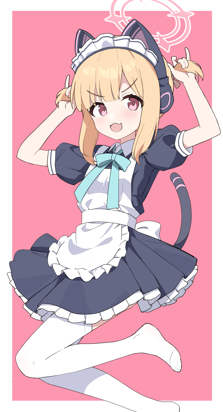 1girl, animal_ear_headphones, animal_ears, apron, black_dress, blonde_hair, blue_archive, blush, cat_tail, dress, fake_animal_ears, frilled_apron, frilled_dress, frills, halo, headphones, highres, looking_at_viewer, maid, maid_apron, maid_headdress, millet_pepper, momoi_(blue_archive), momoi_(maid)_(blue_archive), official_alternate_costume, open_mouth, pink_halo, puffy_short_sleeves, puffy_sleeves, red_eyes, short_hair, short_sleeves, smile, solo, tail, thigh-highs, white_apron, white_thighhighs