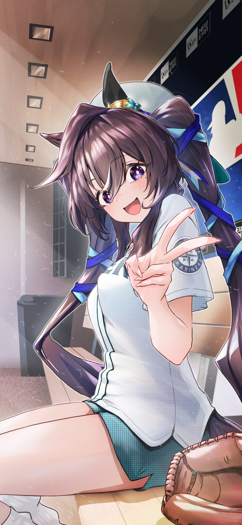 1girl, absurdres, animal_ears, baseball_jersey, baseball_mitt, bench, black_hair, blue_shorts, feet_out_of_frame, hair_between_eyes, highres, horse_ears, horse_girl, horse_tail, logo, long_hair, major_league_baseball, nabe_puyo, seattle_mariners, shorts, sitting, solo, tail, twintails, umamusume, v, vivlos_(umamusume), white_headwear
