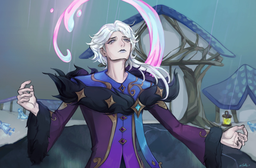1boy, closed_mouth, fur-trimmed_jacket, fur_trim, gem, hwei_(league_of_legends), jacket, jellyjelly, league_of_legends, long_hair, long_sleeves, looking_up, male_focus, outdoors, rain, solo_focus, tears, white_hair, winterblessed_hwei