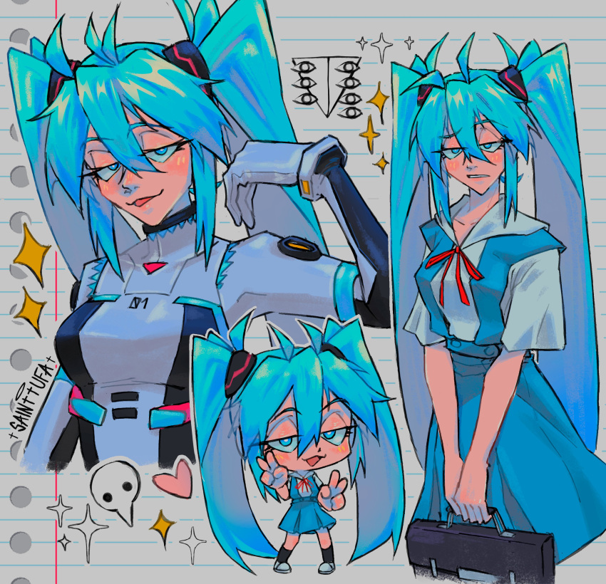1girl, absurdres, ahoge, artist_name, black_socks, blue_eyes, blue_hair, blue_skirt