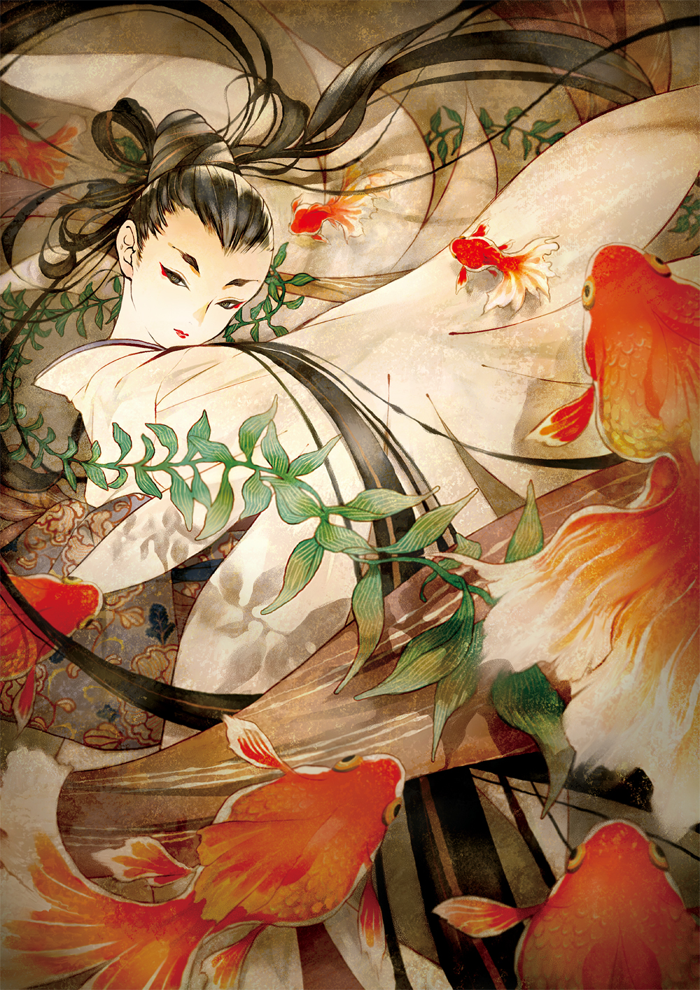 black_hair, eyebrows, fish, goldfish, hair_bun, highres, japanese_clothes, kimono