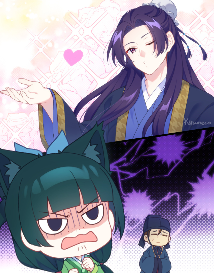 1girl, 2boys, animal_ears, blue_headwear, blunt_bangs, bun_cover, cat_ears, chinese_clothes