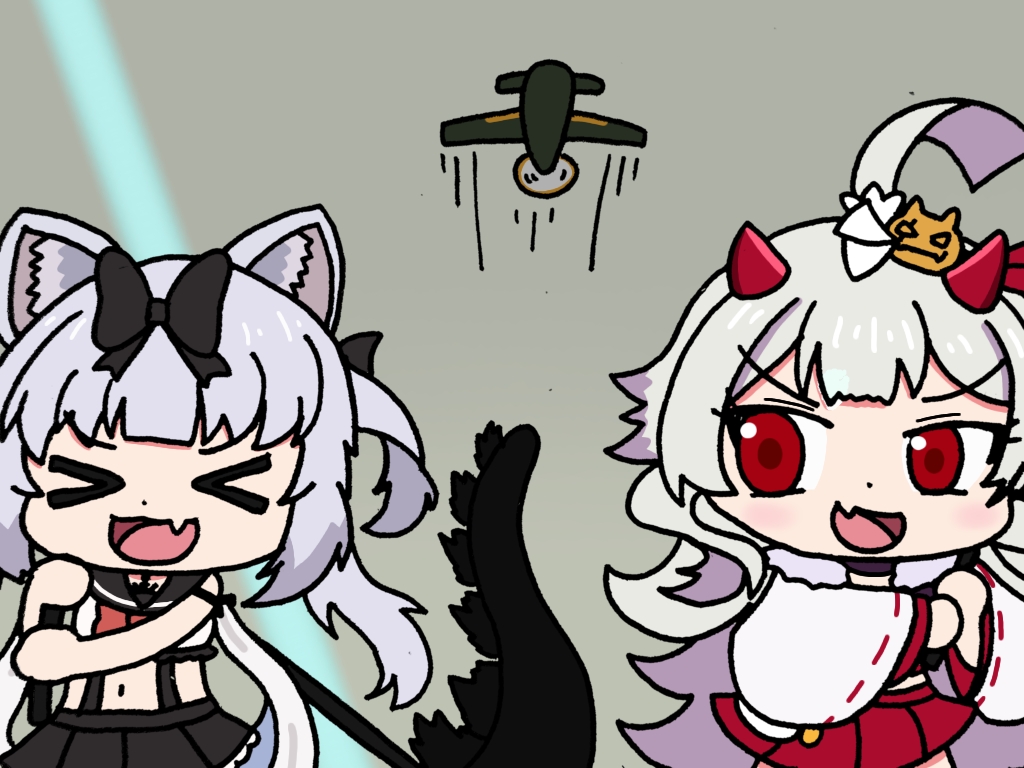 >_<, 2girls, :d, aircraft, azur_lane, black_bow, black_skirt, bow, chibi, chibi_only, fang, godzilla_minus_one, hair_bow, hibiki_(azur_lane), horns, long_hair, midriff, miniskirt, multiple_girls, pleated_skirt, red_skirt, shouchan_(forte371), skin_fang, skirt, smile, white_hair, xd, yukikaze_(azur_lane)