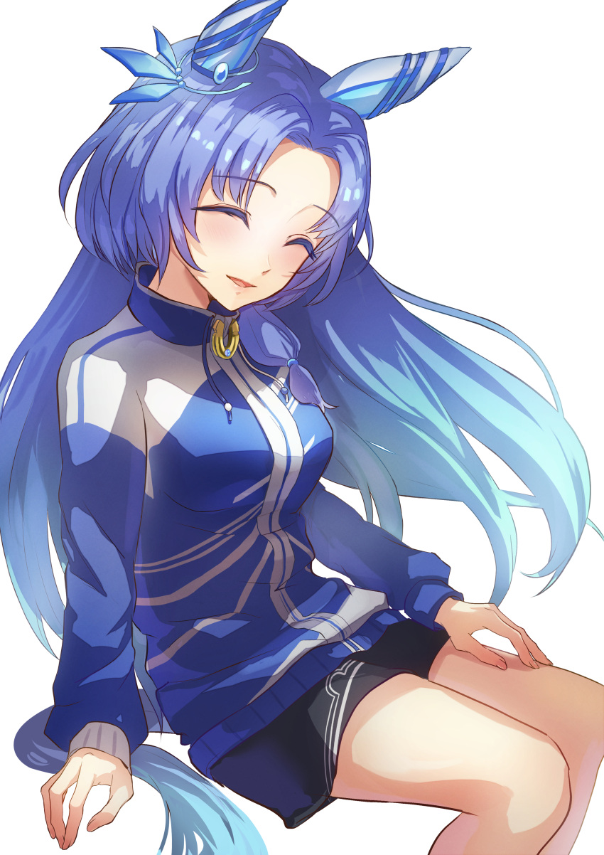 1girl, absurdres, animal_ears, black_shorts, blue_hair, blue_jacket, breasts, closed_eyes