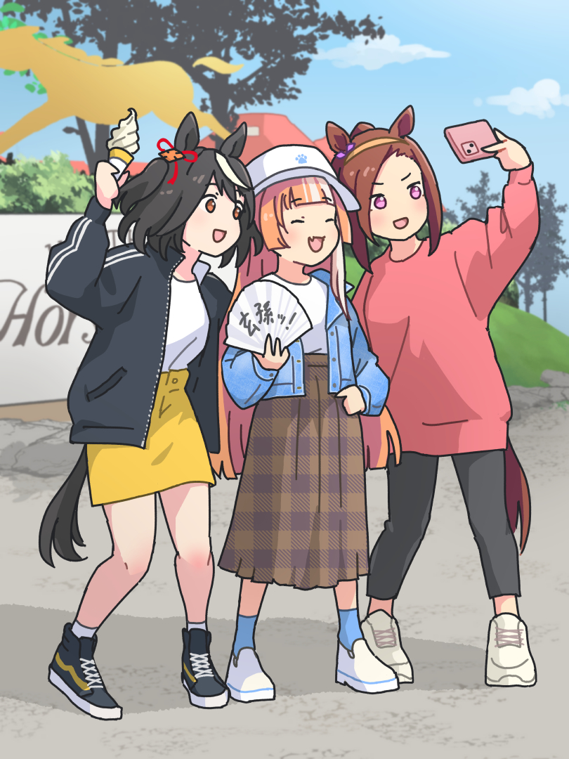 3girls, :d, ^_^, adapted_turret, ahoge, akikawa_yayoi_(umamusume), alternate_costume, animal_ears