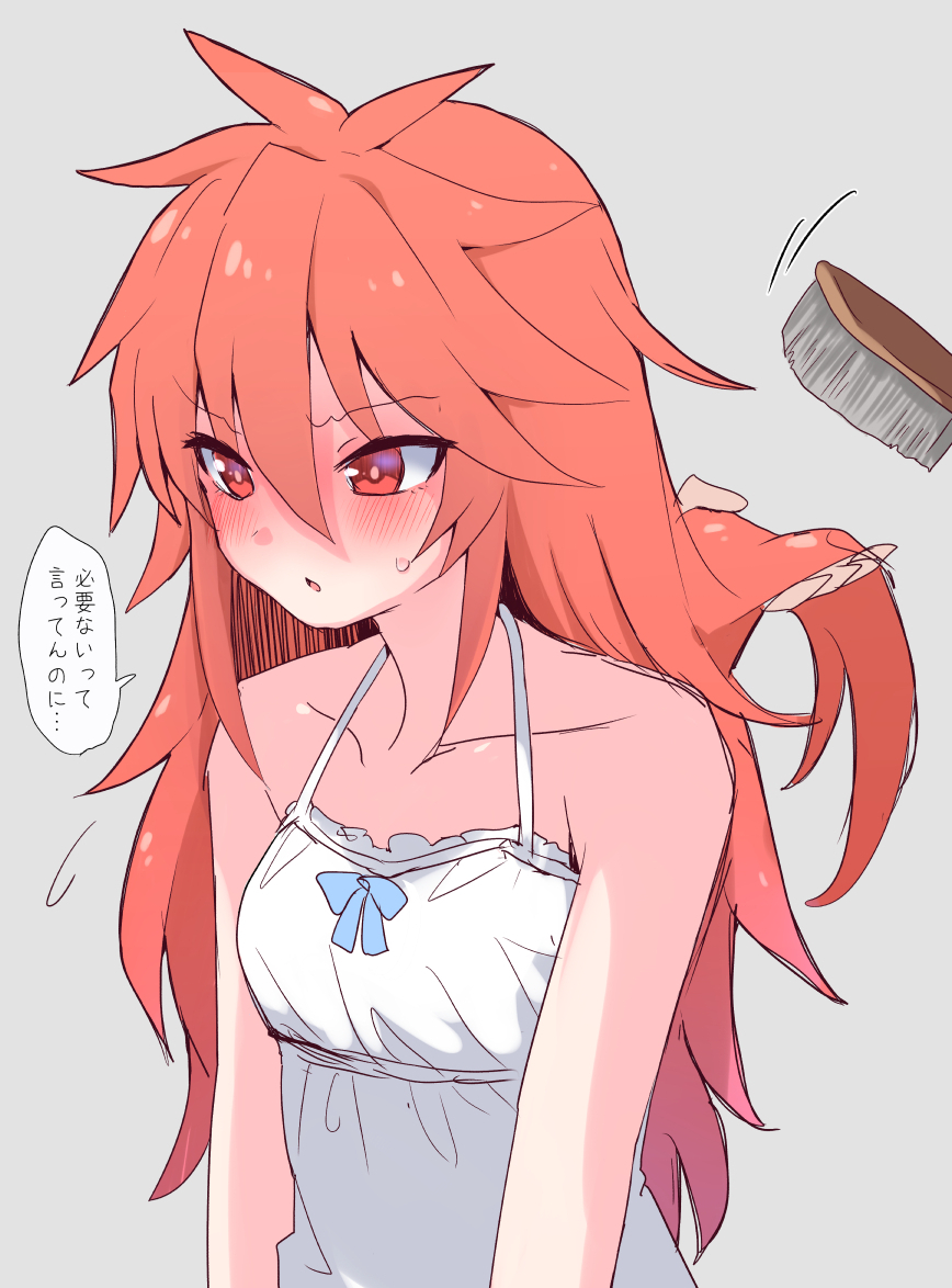 1girl, alternate_costume, bare_shoulders, blush, breasts, brushing_another's_hair, brushing_hair, collarbone
