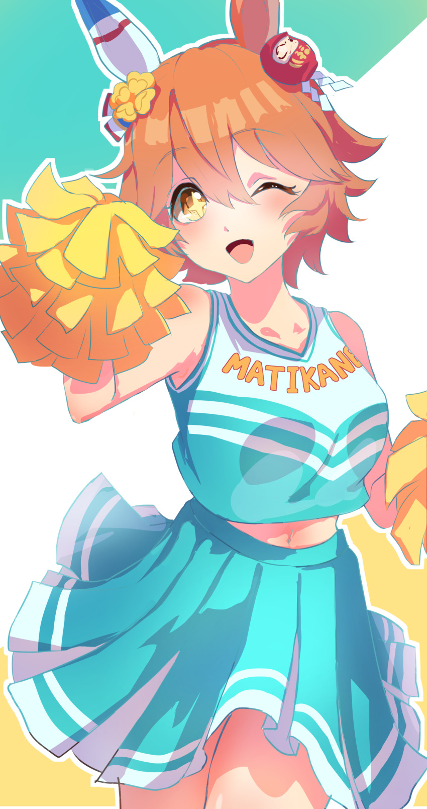 +_+, 1girl, ;d, absurdres, alternate_costume, animal_ears, cheerleader, clover_hair_ornament