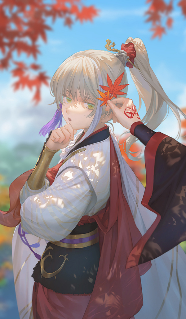 2boys, archer_(fate/samurai_remnant), arm_guards, autumn, autumn_leaves, blonde_hair, blue_sky, blurry