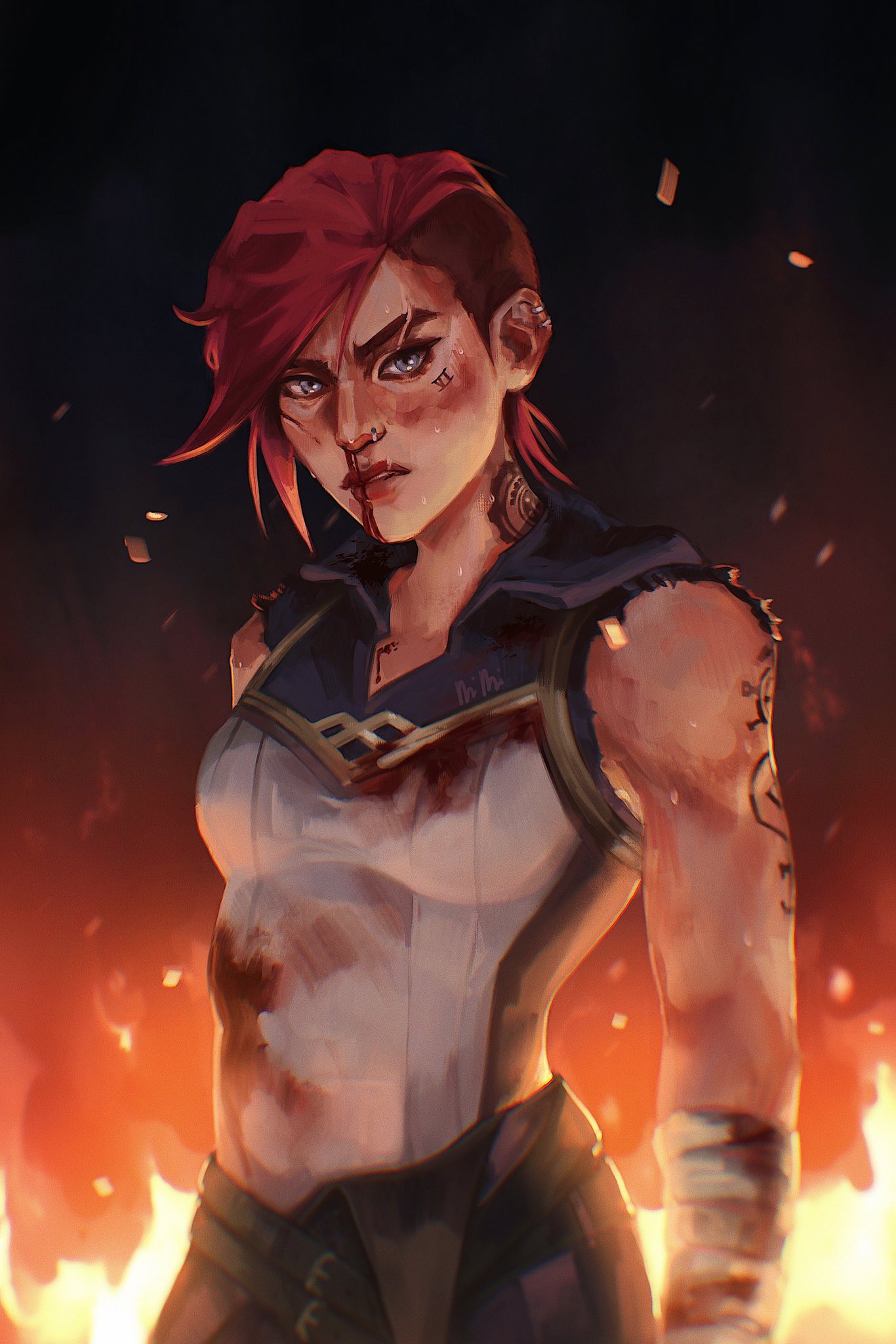 1girl, arcane:_league_of_legends, arcane_vi, bandaged_arm, bandages, black_background, black_pants, blood