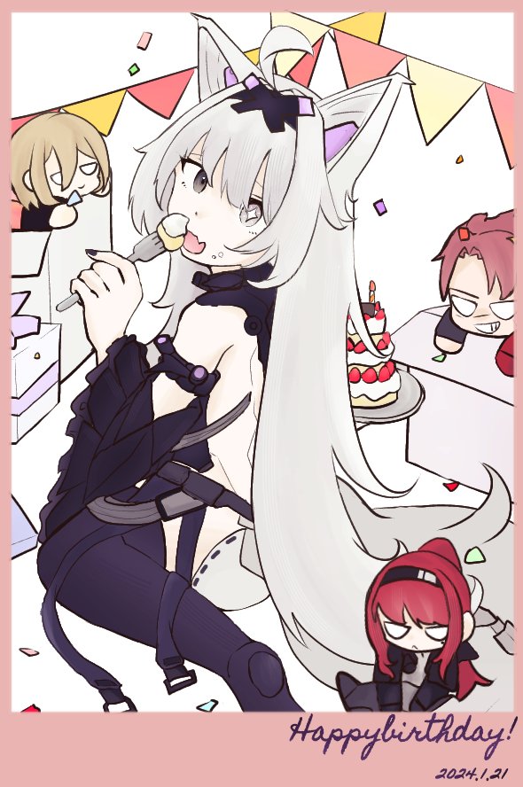 2boys, 2girls, ^, ahoge, animal_ears, backless_bodysuit, birthday_cake, black_bodysuit