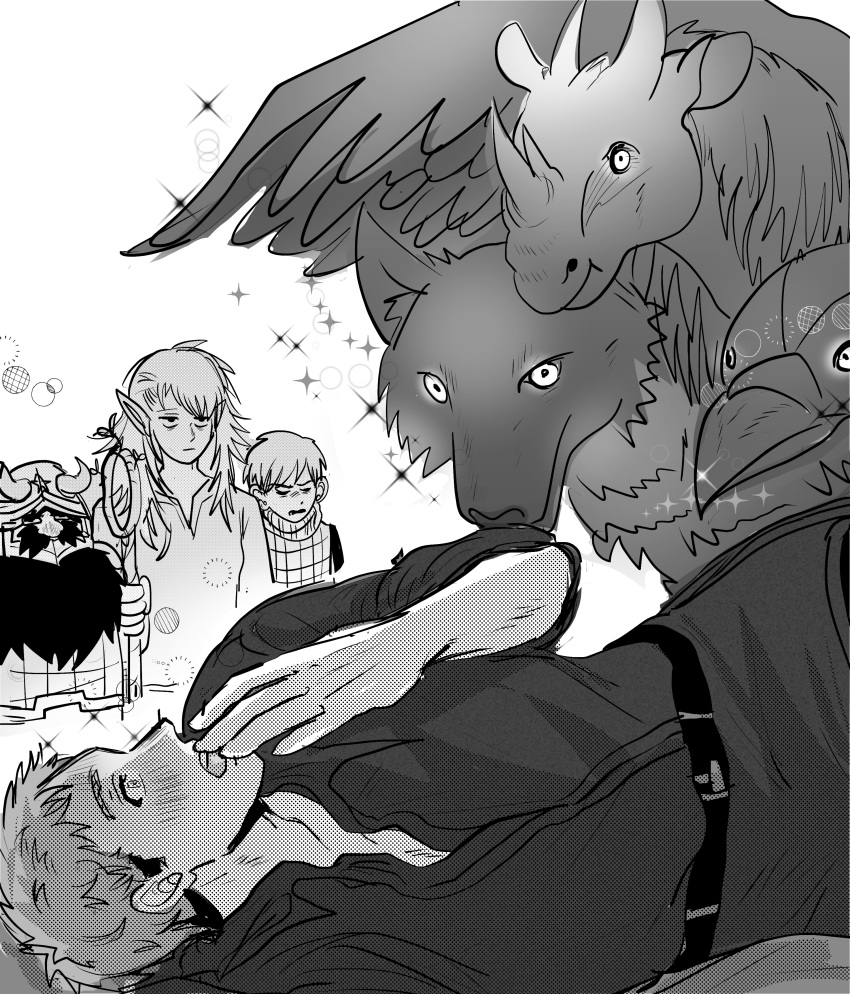 1girl, 3boys, absurdres, armor, bags_under_eyes, beard, belt, bird