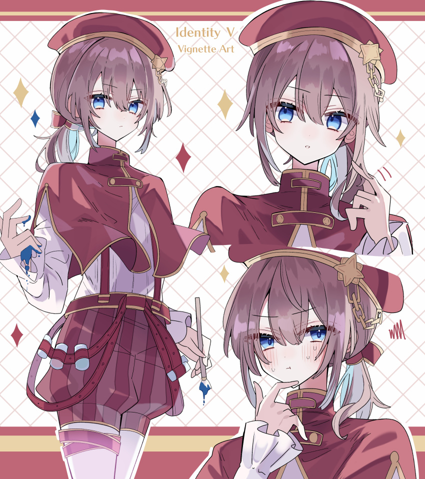 1boy, :t, absurdres, alternate_costume, androgynous, beret, blue_eyes, blush