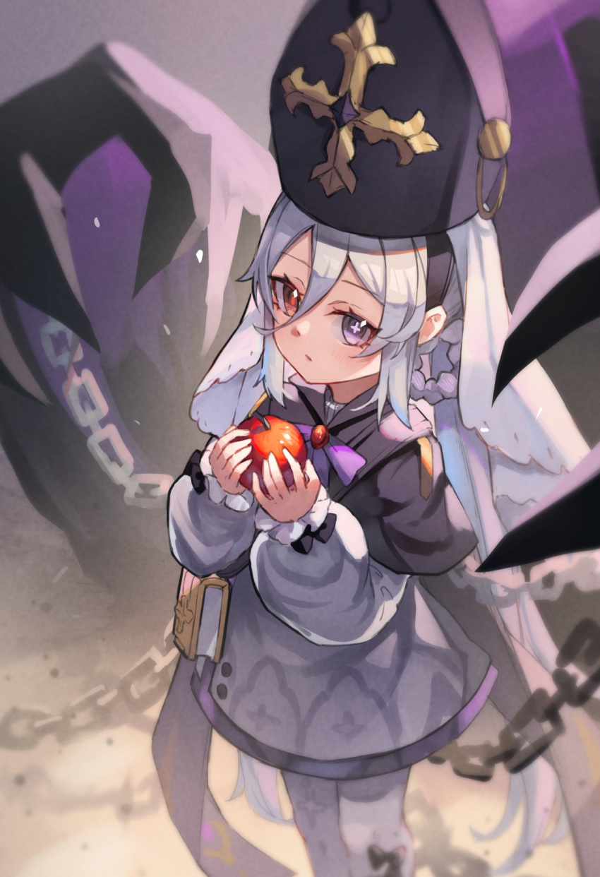 1girl, apple, black_capelet, black_headwear, braid, capelet, chain, closed_mouth, commentary_request, dress, dubra_(honkai:_star_rail), food, fruit, grey_dress, hair_rings, hands_up, heterochromia, highres, holding, holding_food, holding_fruit, honkai:_star_rail, honkai_(series), long_hair, long_sleeves, looking_at_viewer, miya_(miyaruta), pantyhose, puffy_long_sleeves, puffy_sleeves, red_apple, red_eyes, sleeves_past_wrists, solo, standing, very_long_hair, violet_eyes, white_pantyhose