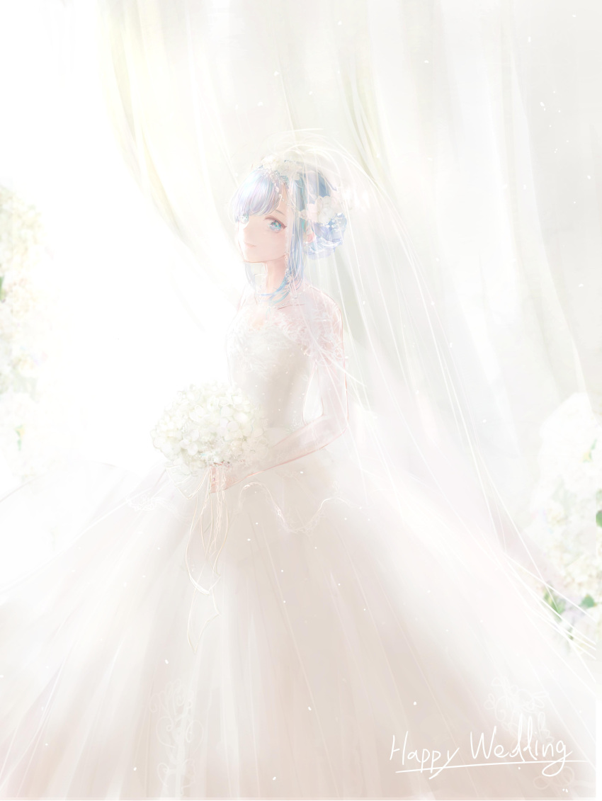 1girl, absurdres, arare999, blue_eyes, blue_hair, bouquet, closed_mouth, curtains, dress, english_text, feet_out_of_frame, flower, from_side, hair_flower, hair_ornament, highres, lace_sleeves, light_particles, long_sleeves, looking_at_viewer, looking_to_the_side, mahou_sekai_no_uketsukejou_ni_naritai_desu, nanalie_persephone_hel, see-through, sidelocks, smile, solo, standing, swept_bangs, updo, veil, wedding, wedding_dress, white_background, white_dress, white_flower