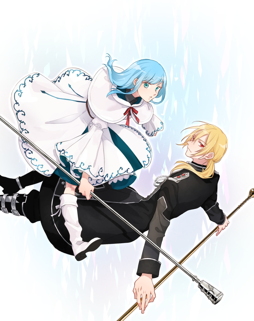 1boy, 1girl, absurdres, aiguillette, alois_hades_arnold_rockmann, aqua_eyes, belt_boots, black_coat