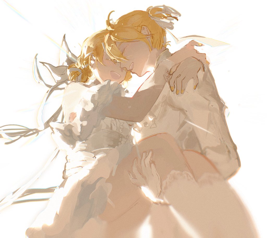 1boy, 1girl, alternate_costume, blonde_hair, brother_and_sister, capelet, carrying, chinese_commentary