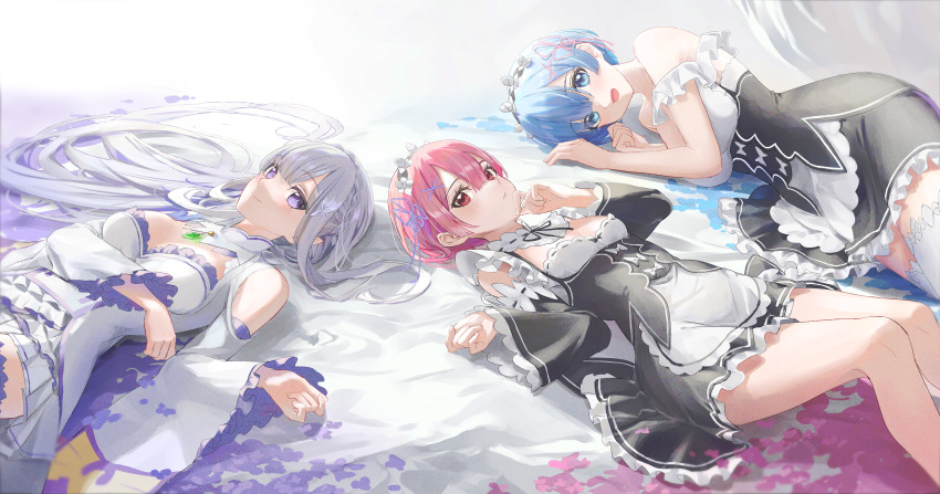 3girls, absurdres, blue_eyes, blue_hair, emilia_(re:zero), hair_ornament, hair_ribbon, hair_spread_out