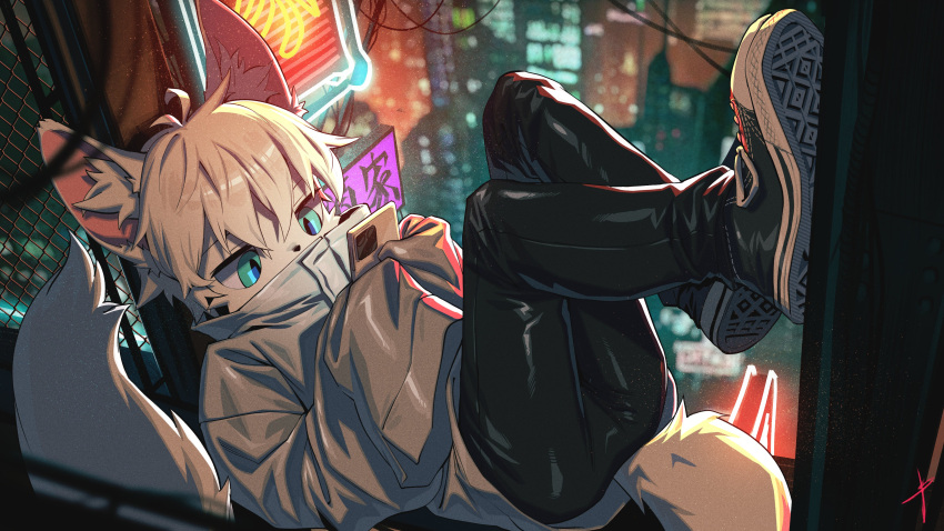 1boy, abs, absurdres, animal_ears, aqua_eyes, backlighting, black_pants, blaedic, building, chain-link_fence, city, collared_jacket, cyberpunk, english_commentary, fence, fox_ears, fox_tail, furry, furry_male, highres, holding, holding_phone, jacket, looking_at_phone, lying, male_focus, neon_lights, original, pants, phone, shoes, short_hair, sign, skyscraper, sleeves_past_wrists, solo, tail, white_hair