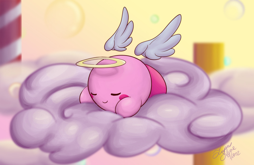 closed_eyes, closed_mouth, clouds, cupid_kirby, halo, kirby, kirby_(series), sleeping