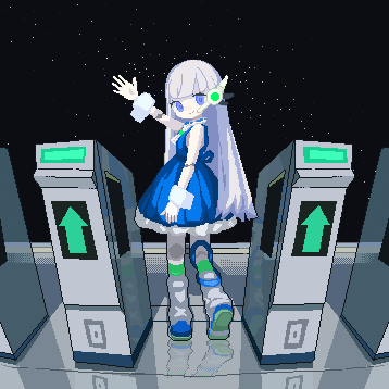 1girl, aiobahn, android, animated, animated_gif, artist_request, blinking, blue_dress, blue_eyes, blunt_bangs, closed_mouth, dress, fare_gate, full_body, grey_hair, hand_up, joints, long_hair, looking_at_viewer, lowres, open_hand, outdoors, pixel_art, reflective_floor, robot_joints, second-party_source, shoe_soles, shoes, shooting_star, sky, smile, solo, standing, star_(sky), starry_sky, waving, wrist_cuffs