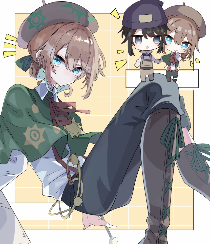2boys, beanie, beret, black_headwear, black_pants, blue_eyes, blush, boots