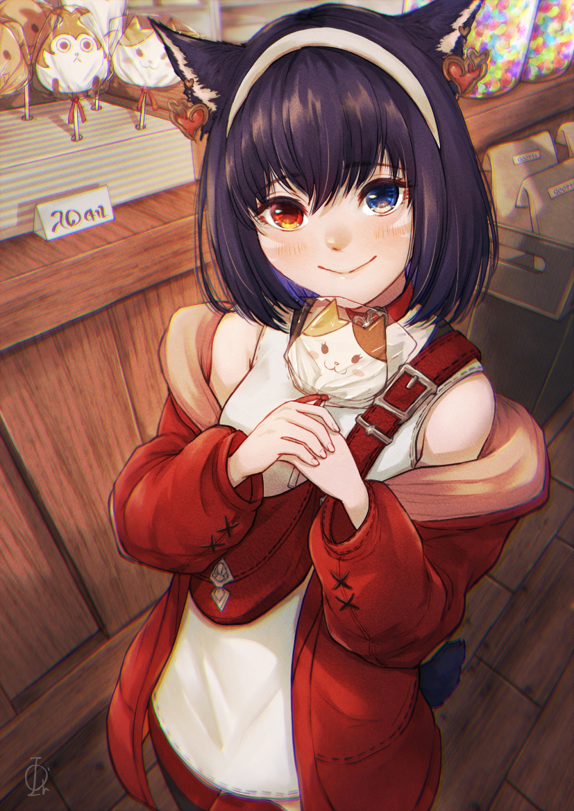 1girl, bag, beaver, blue_eyes, breasts, candy, candy_jar, choker