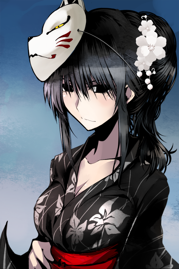 black_eyes, cosaten, flower, fox_mask, hagoromo_kitsune, hair_ornament, japanese_clothes, kimono