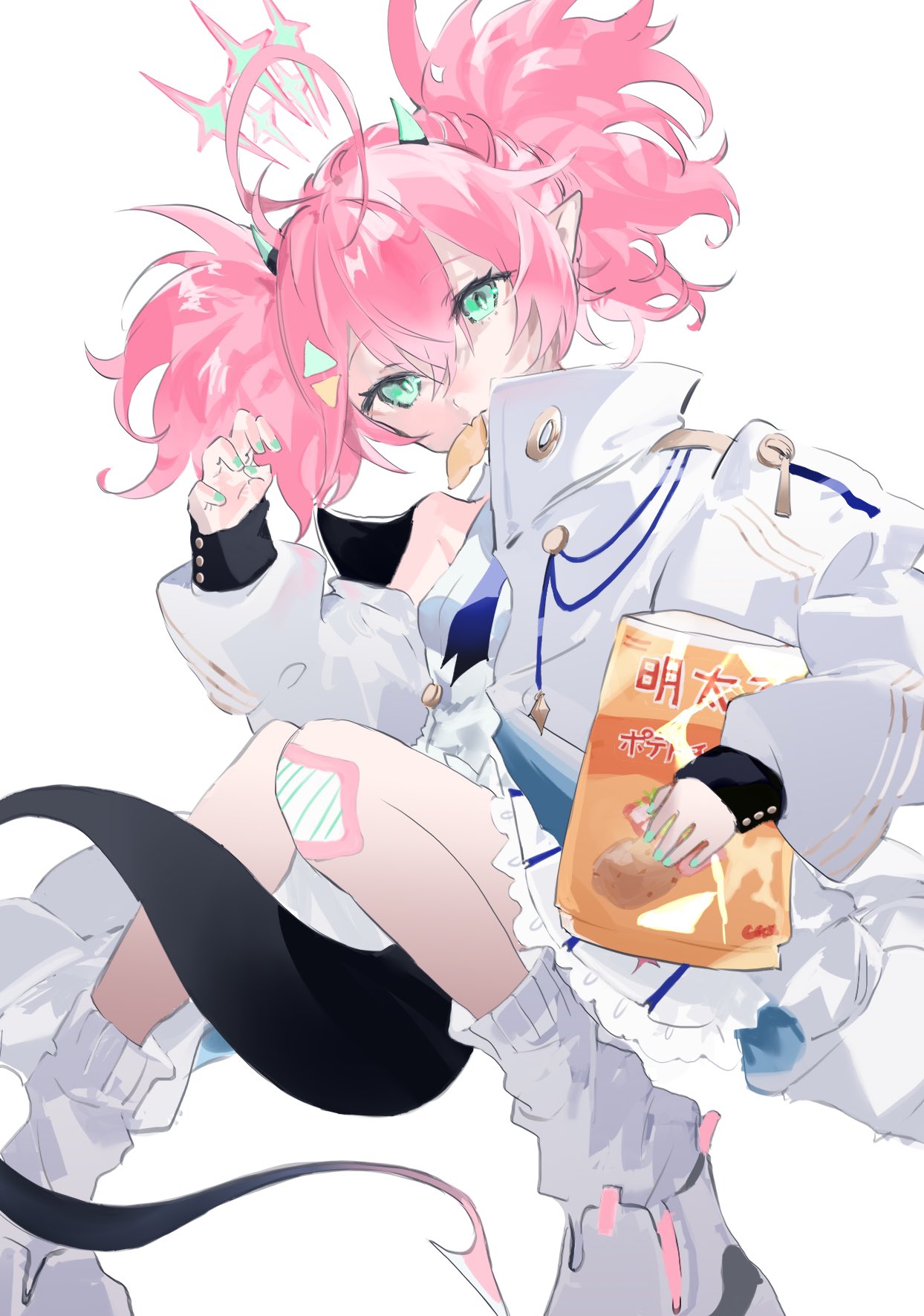 1girl, ahoge, bandaid, bandaid_on_knee, bandaid_on_leg, blue_archive, breasts, chips_(food)
