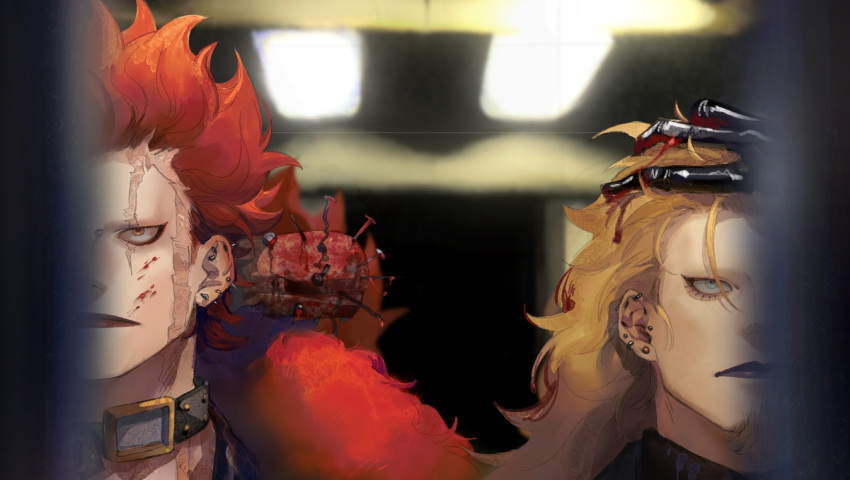 2boys, blonde_hair, blood, blood_on_face, denisefanta, eustass_kid, expressionless, facial_hair