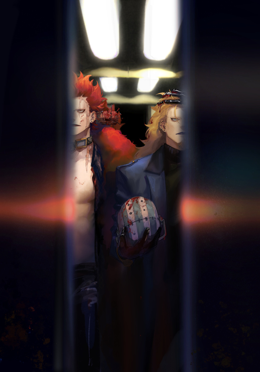 2boys, absurdres, alternate_costume, blonde_hair, cowboy_shot, denisefanta, eustass_kid, facial_hair