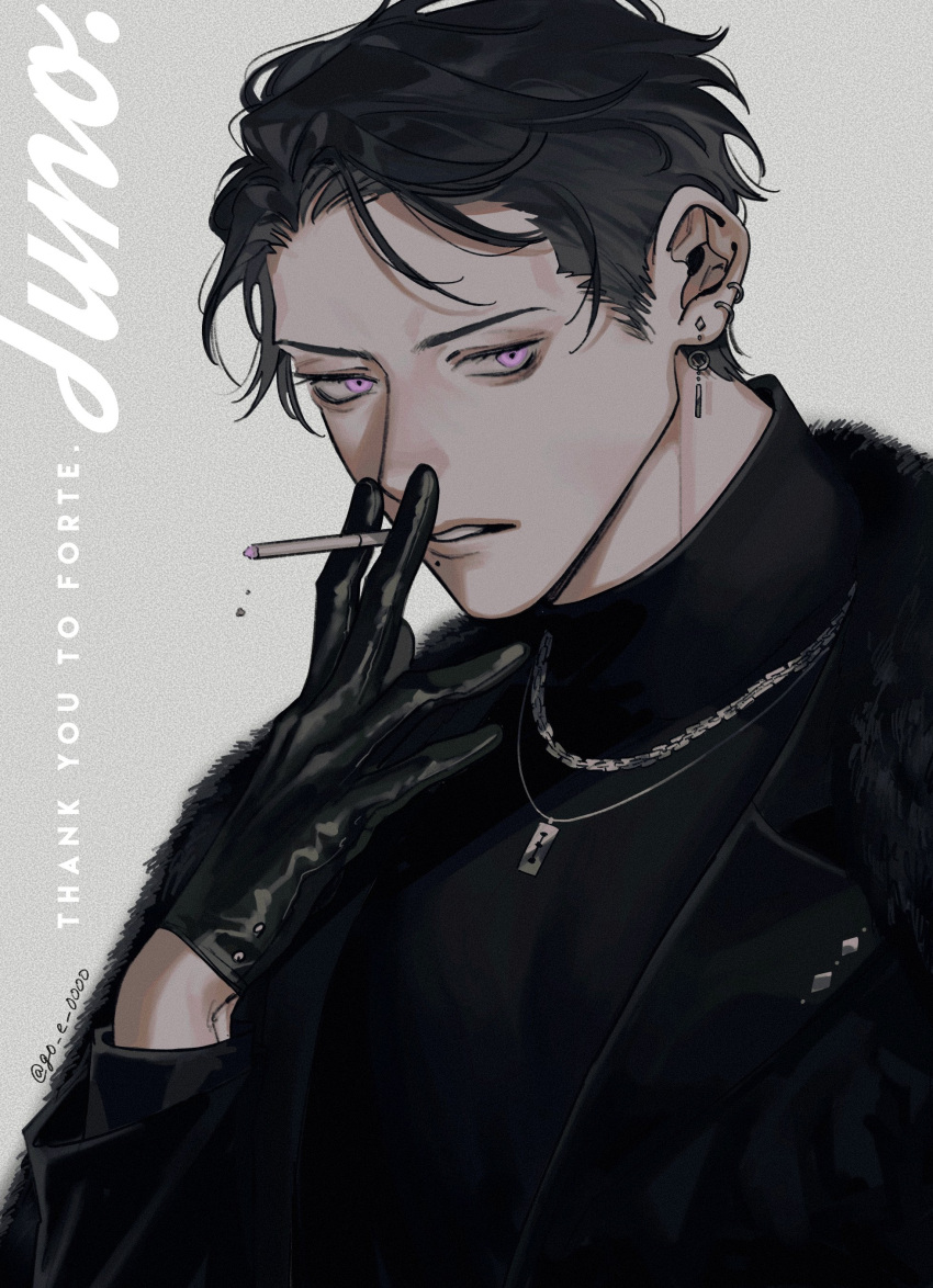 1boy, absurdres, artist_name, between_fingers, black_coat, black_gloves, black_hair, black_jacket, black_shirt, chain_necklace, cigarette, closed_mouth, coat, commission, commissioner_name, dangle_earrings, ear_piercing, earrings, english_text, film_grain, forehead, from_side, fur_coat, gloves, go_e_0000, grey_background, hand_to_own_mouth, hand_up, highres, holding, holding_cigarette, jacket, jewelry, lapel_pin, lapels, layered_clothes, layered_sleeves, leather, leather_gloves, long_sleeves, looking_to_the_side, loose_hair_strand, male_focus, multiple_necklaces, multiple_piercings, necklace, original, parted_bangs, parted_lips, piercing, razor_blade_necklace, shirt, short_hair, simple_background, skeb_commission, solo, teeth, thank_you, turtleneck, upper_body, violet_eyes