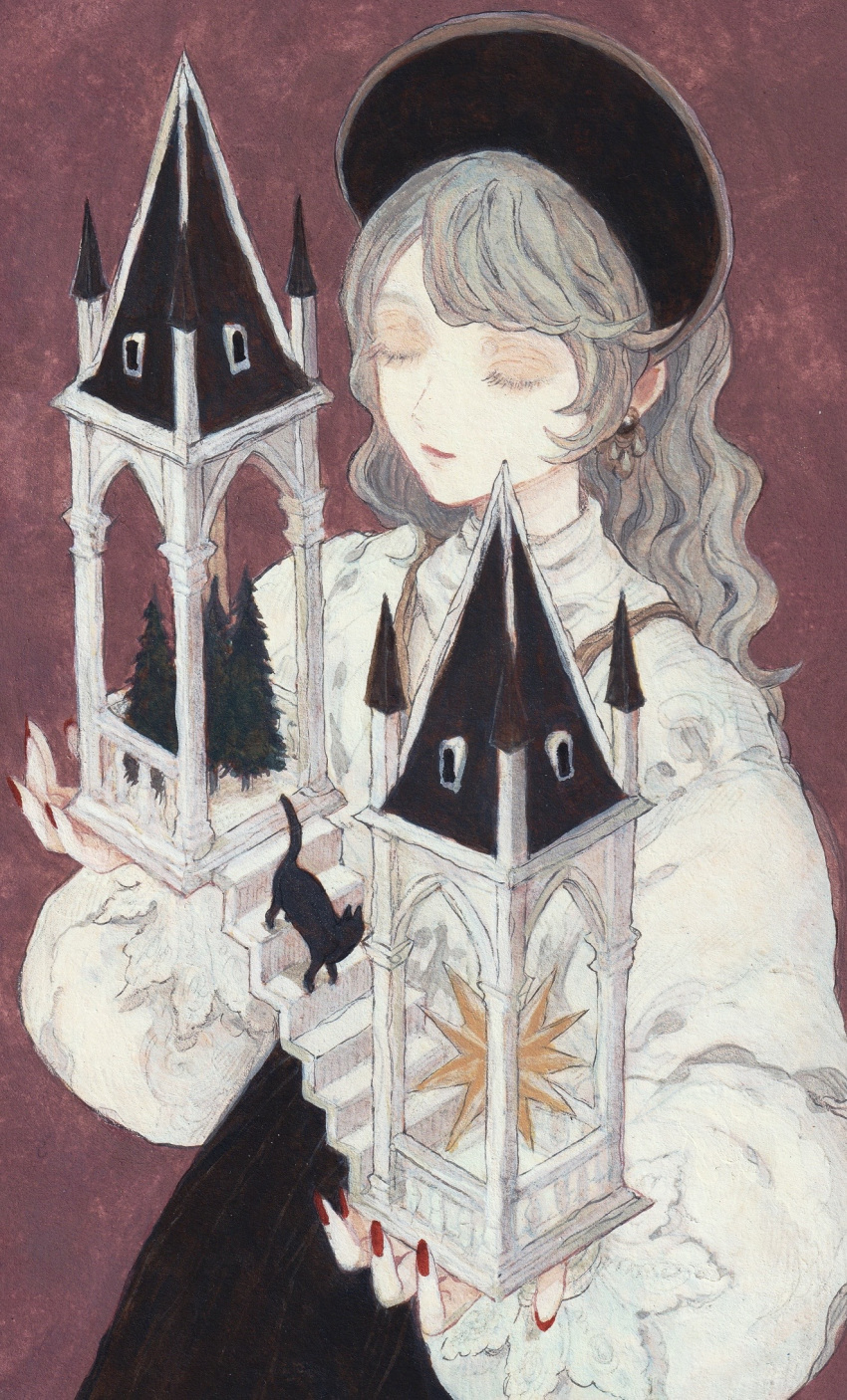 1girl, animal, black_cat, black_skirt, building, cat, closed_eyes, cowboy_shot, earrings, eyelashes, from_above, from_side, gazebo, giant, giantess, grey_hair, hands_up, hat, highres, jewelry, long_hair, nail_polish, original, pine_tree, railing, red_background, red_nails, shirt, skirt, stairs, star_(symbol), swept_bangs, towel, tower, traditional_media, tree, wavy_hair, white_shirt, yuko_(foret_noire)