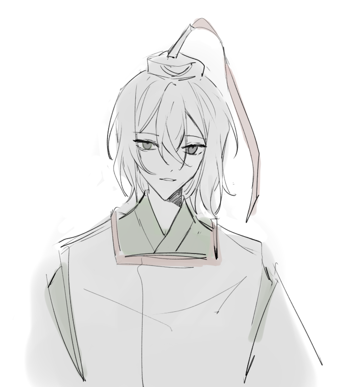1other, androgynous, black_eyes, chinese_commentary, commentary_request, detached_sleeves, green_kimono, hair_between_eyes