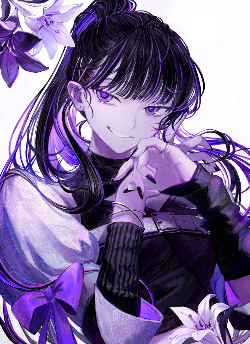 1girl, arm_warmers, black_arm_warmers, black_hair, black_nails, black_shirt, bow, bracelet, chest_strap, clenched_teeth, cloud_nine_inc, commentary_request, earrings, floating_hair, flower, grin, hair_ornament, hairclip, highres, jewelry, lily_(flower), long_hair, looking_at_viewer, lowe_410, multicolored_hair, nail_polish, official_art, ponytail, puffy_short_sleeves, puffy_sleeves, purple_bow, purple_hair, purple_theme, second-party_source, shirt, short_sleeves, simple_background, smile, solo, streaked_hair, stud_earrings, teeth, upper_body, utaite, violet_eyes, white_background, white_lily, yoshino_(utaite)