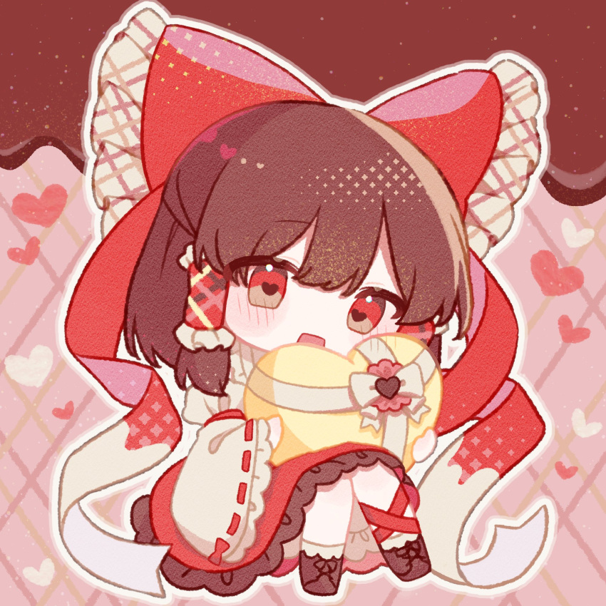 1girl, blush, boots, bow, box, brown_footwear, brown_hair, chibi