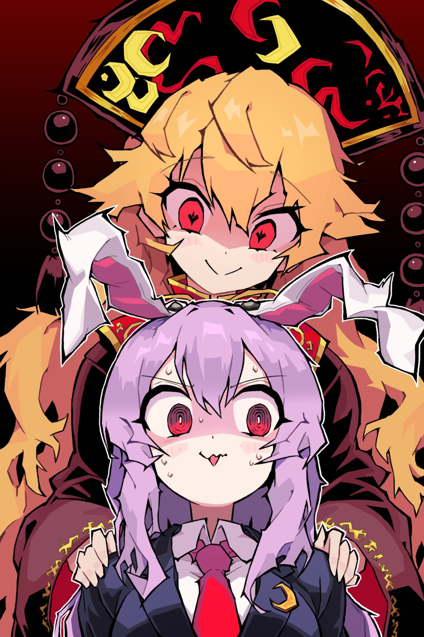 2girls, animal_ears, black_background, black_headwear, blush, breasts, brown_dress, chinese_clothes, cocokana, collared_jacket, collared_shirt, commentary_request, crescent, crescent_pin, crescent_print, dress, gradient_background, hair_between_eyes, hands_on_another's_shoulders, hands_up, hat, heart, heart-shaped_pupils, highres, jacket, junko_(touhou), long_hair, long_sleeves, looking_at_another, looking_down, mandarin_collar, medium_breasts, multiple_girls, neck_ribbon, necktie, nervous, open_mouth, orange_hair, phoenix_crown, pom_pom_(clothes), purple_hair, purple_jacket, rabbit_ears, rabbit_girl, red_background, red_eyes, red_necktie, red_tabard, reisen_udongein_inaba, ribbon, shirt, sidelocks, simple_background, smile, standing, sweat, symbol-shaped_pupils, tabard, tassel, touhou, white_shirt, wide_sleeves, yellow_ribbon