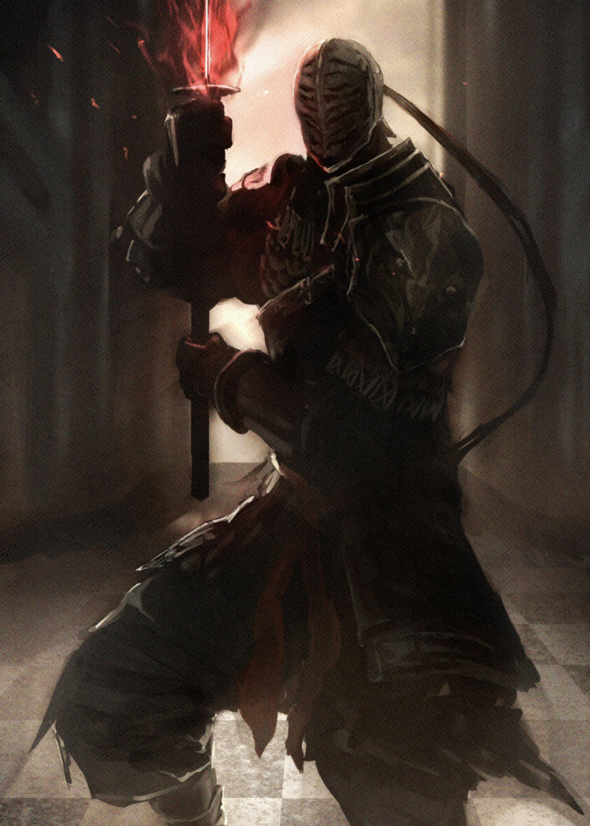 1boy, armor, commentary, dark_souls_(series), dark_souls_ii, feet_out_of_frame, fighting_stance, full_armor