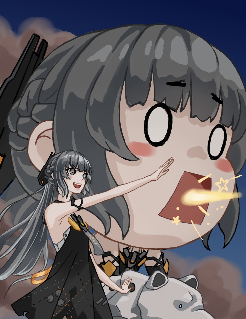 1girl, 2others, bare_arms, bare_shoulders, braid, choker, dress, flat_chest