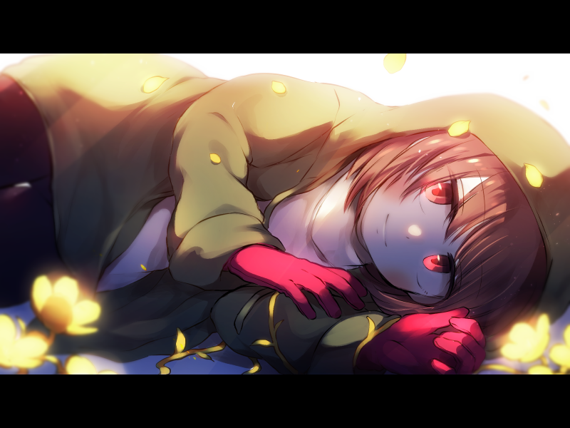 1other, alternate_universe, black_border, black_pants, blush, border, brown_hair, chara_(storyshift)