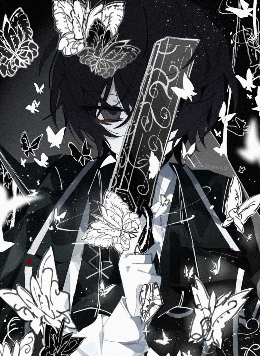 1boy, artist_name, bags_under_eyes, black_butterfly, black_eyes, black_hair, bug, butterfly