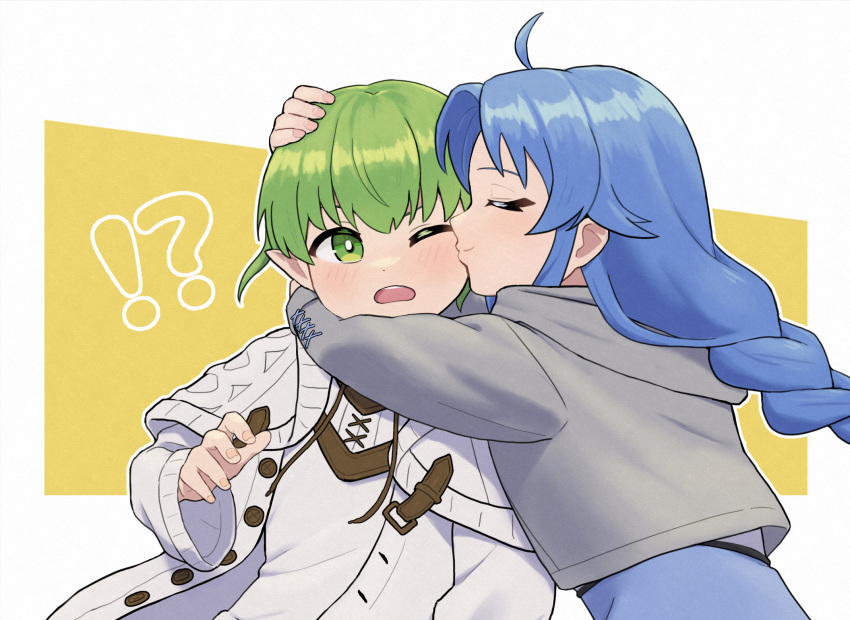 !?, 1boy, 1girl, ahoge, blue_hair, blush, brother_and_sister, closed_eyes