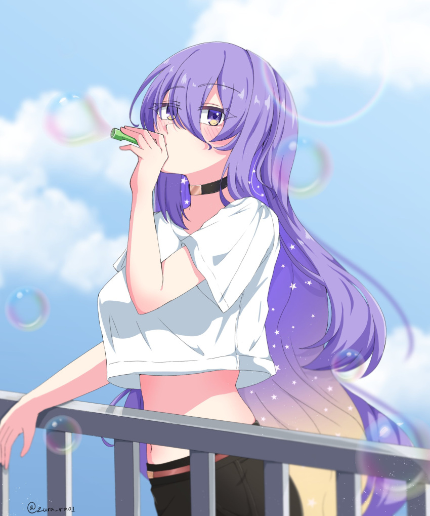 1girl, azurarts, black_choker, bubble_blowing, bubble_wand, choker, cropped_shirt, highres, hololive, hololive_indonesia, lens_flare, long_hair, midriff, moona_hoshinova, navel, purple_hair, starry_hair, twitter_username, violet_eyes, virtual_youtuber