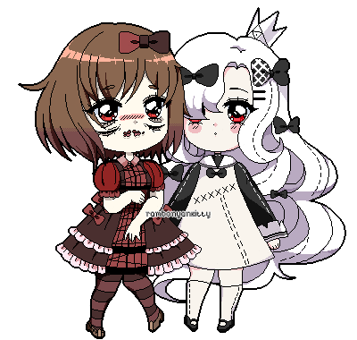 2girls, :o, argyle, argyle_bow, artist_name, bags_under_eyes, black_bow, black_footwear